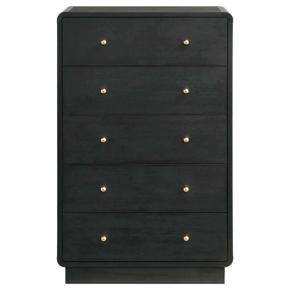 Cavy Tall Dresser Chest 6 Drawers Black Wood Round Gold Knobs BM328680