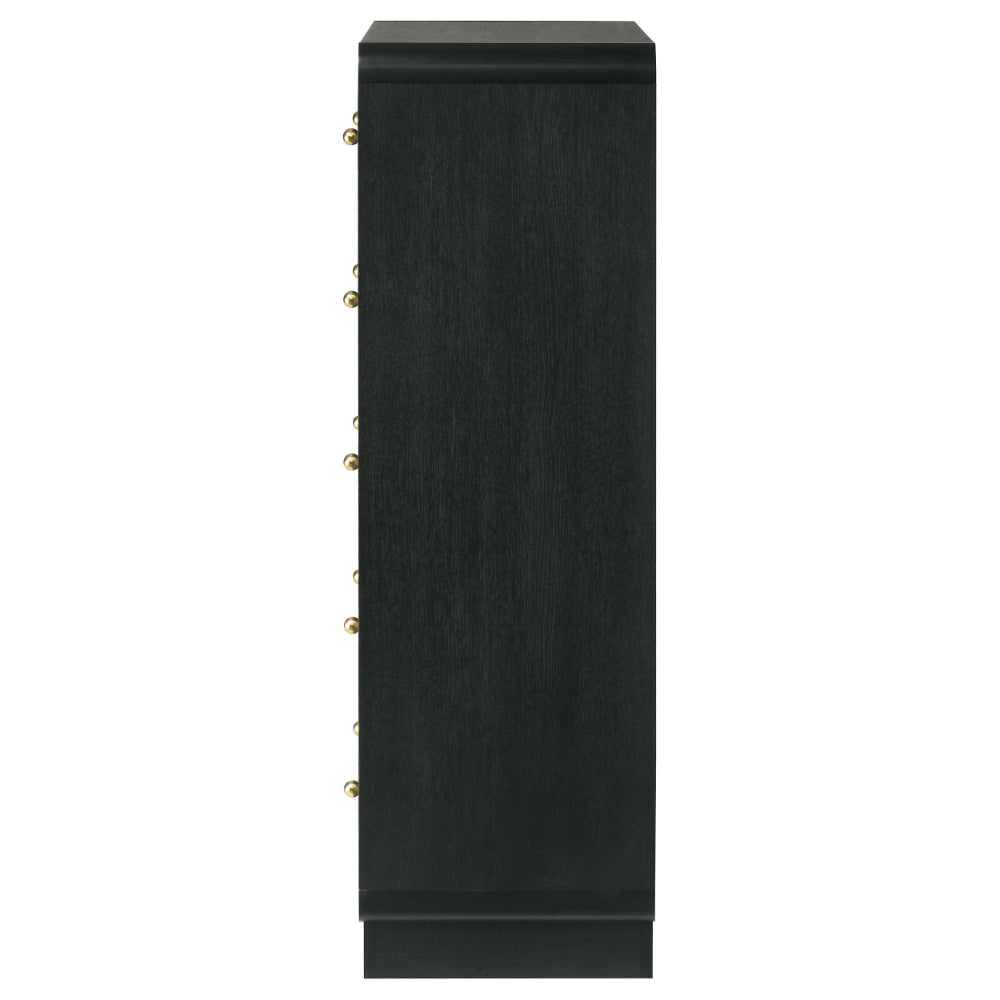 Cavy Tall Dresser Chest 6 Drawers Black Wood Round Gold Knobs BM328680