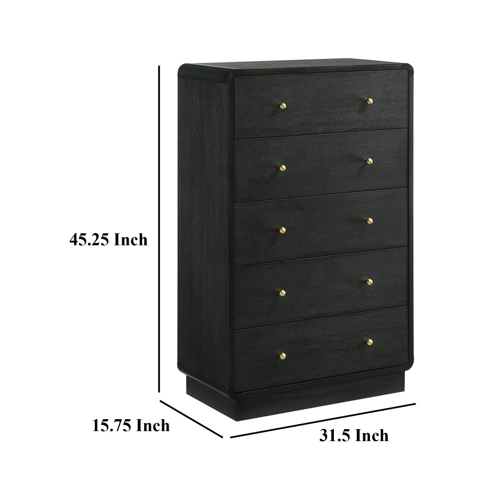 Cavy Tall Dresser Chest 6 Drawers Black Wood Round Gold Knobs BM328680
