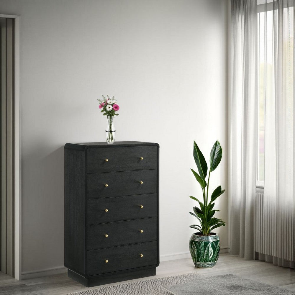 Cavy Tall Dresser Chest, 6 Drawers, Black Wood, Round Gold Knobs