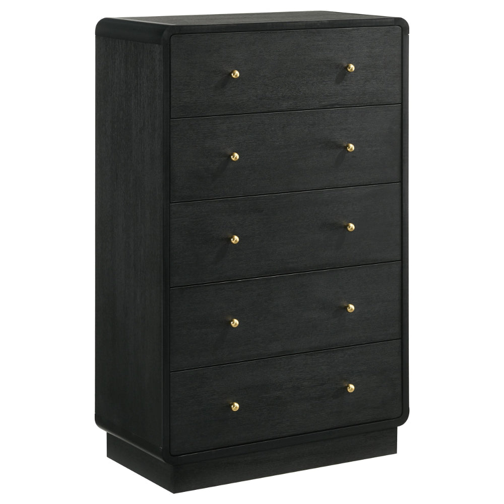 Cavy Tall Dresser Chest, 6 Drawers, Black Wood, Round Gold Knobs