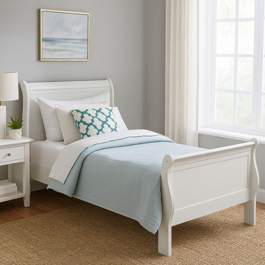 Nim Twin Size Bed, Sleigh Panel Headboard Design, White, Low Profile