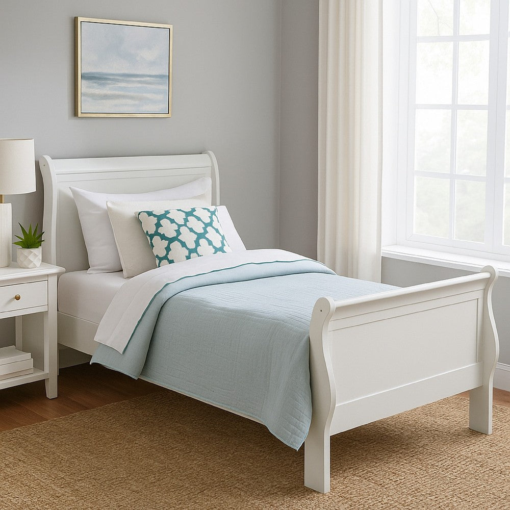 Nim Twin Size Bed, Sleigh Panel Headboard Design, White, Low Profile