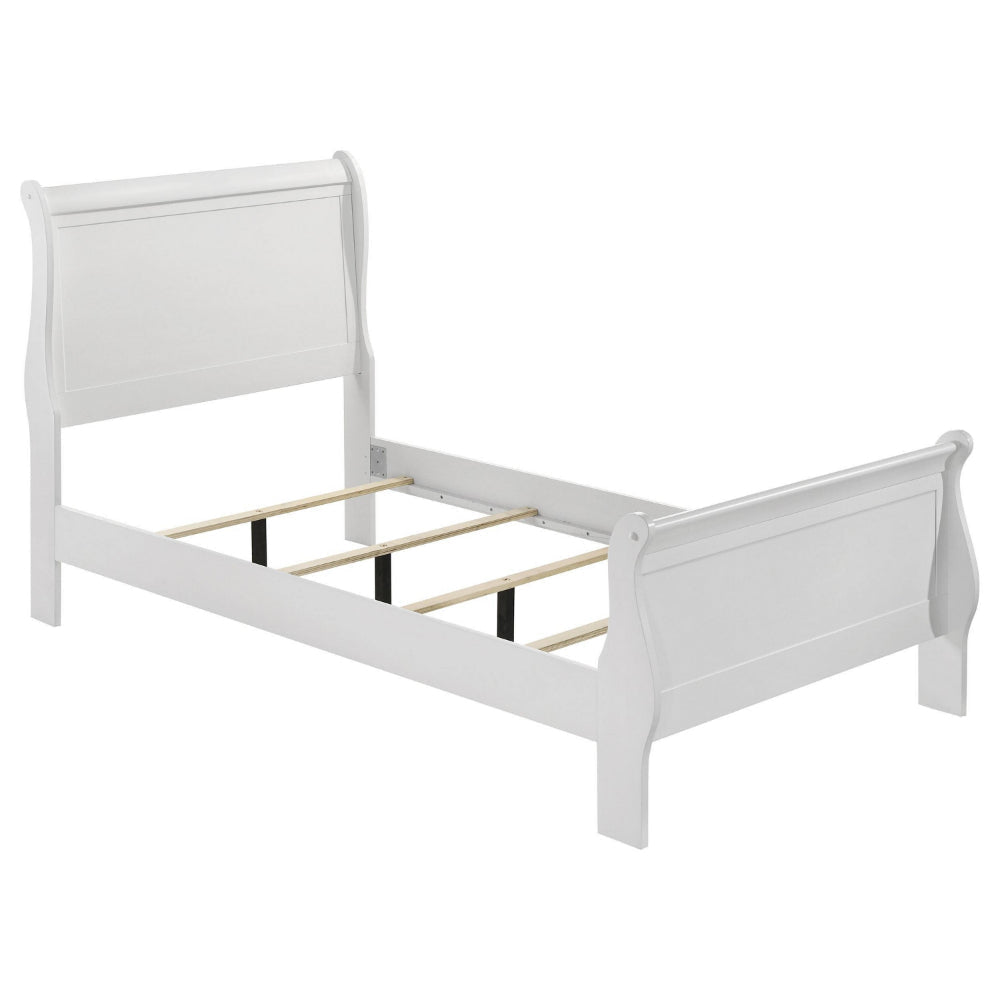 Nim Twin Size Bed, Sleigh Panel Headboard Design, White, Low Profile