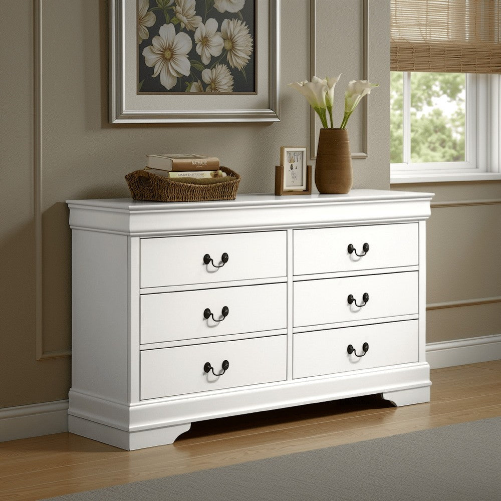 Nim Wide Dresser, 6 Storage Drawers, Classic White Molded Trim Edges