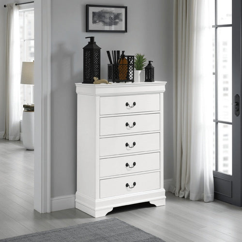 Nim Tall Dresser Chest, 5 Storage Drawers, Classic White Molded Trim