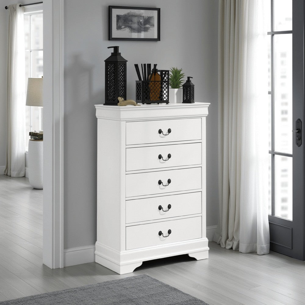 Nim Tall Dresser Chest, 5 Storage Drawers, Classic White Molded Trim