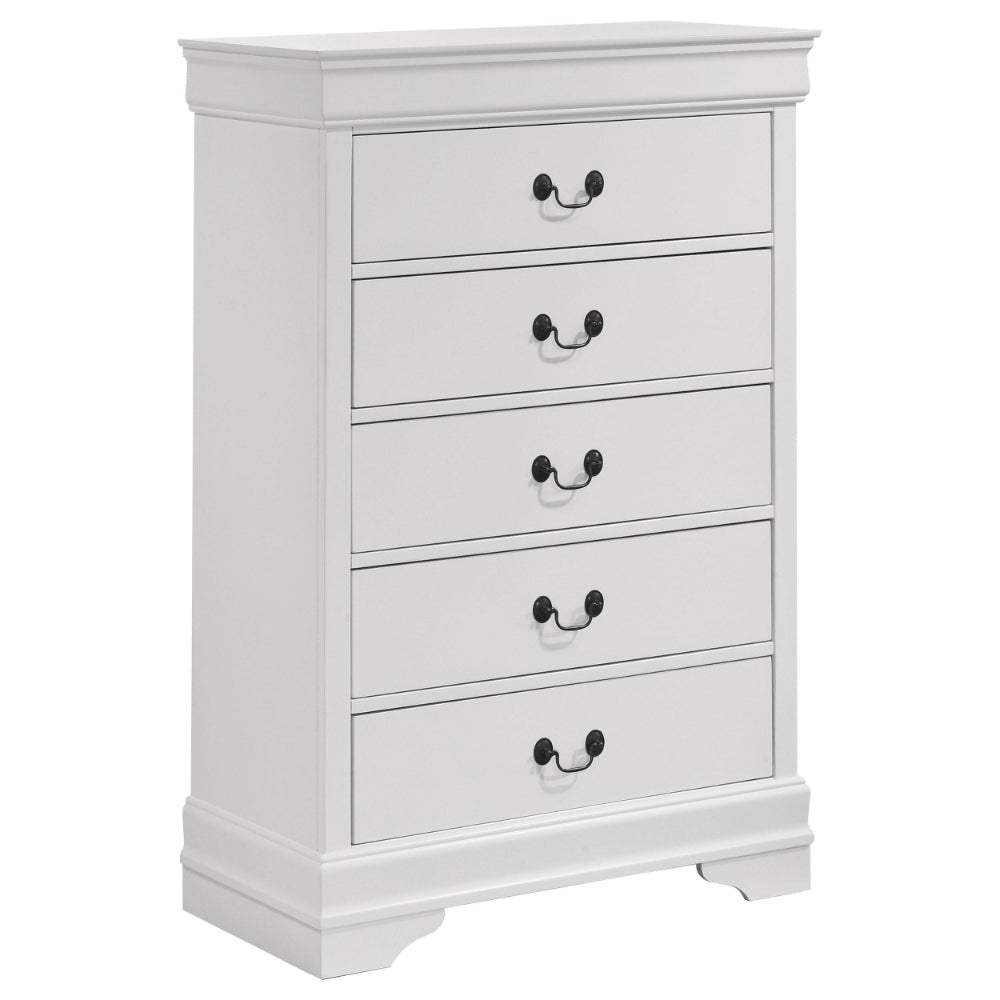 Nim Tall Dresser Chest, 5 Storage Drawers, Classic White Molded Trim