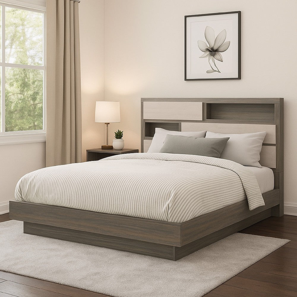 Fene Queen Size Bed, Bookcase Headboard, Wood Gray, Hidden Storage