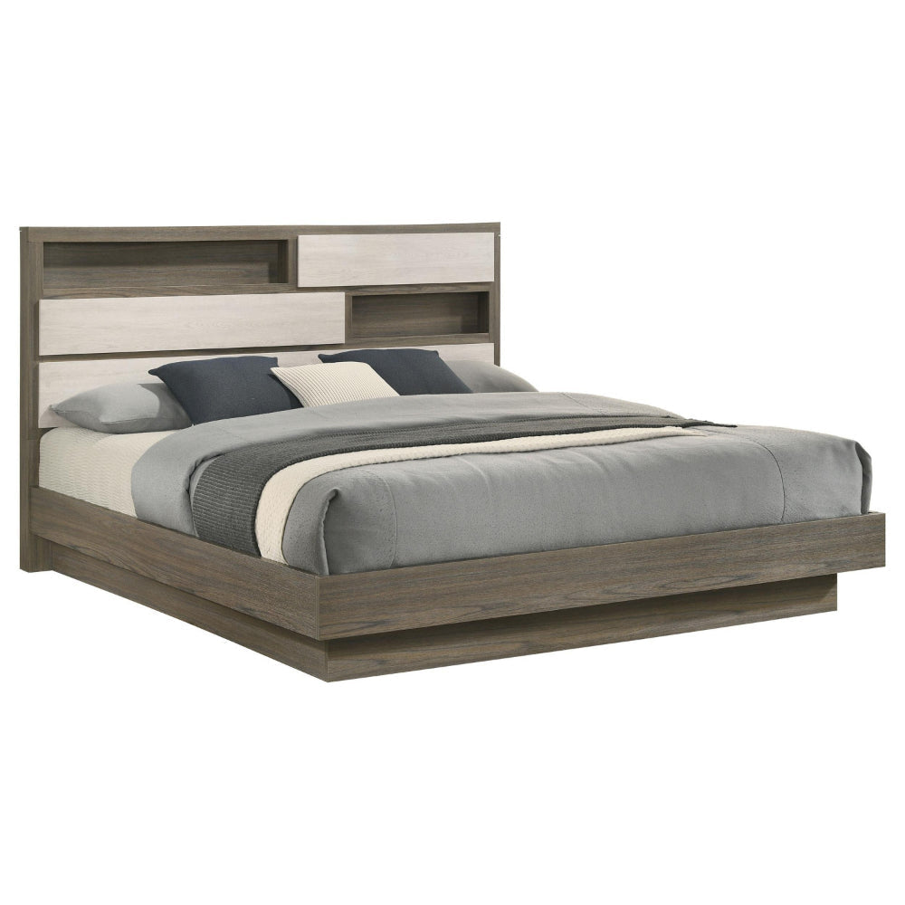 Fene King Size Bed Bookcase Headboard Wood Gray Hidden Storage BM328689