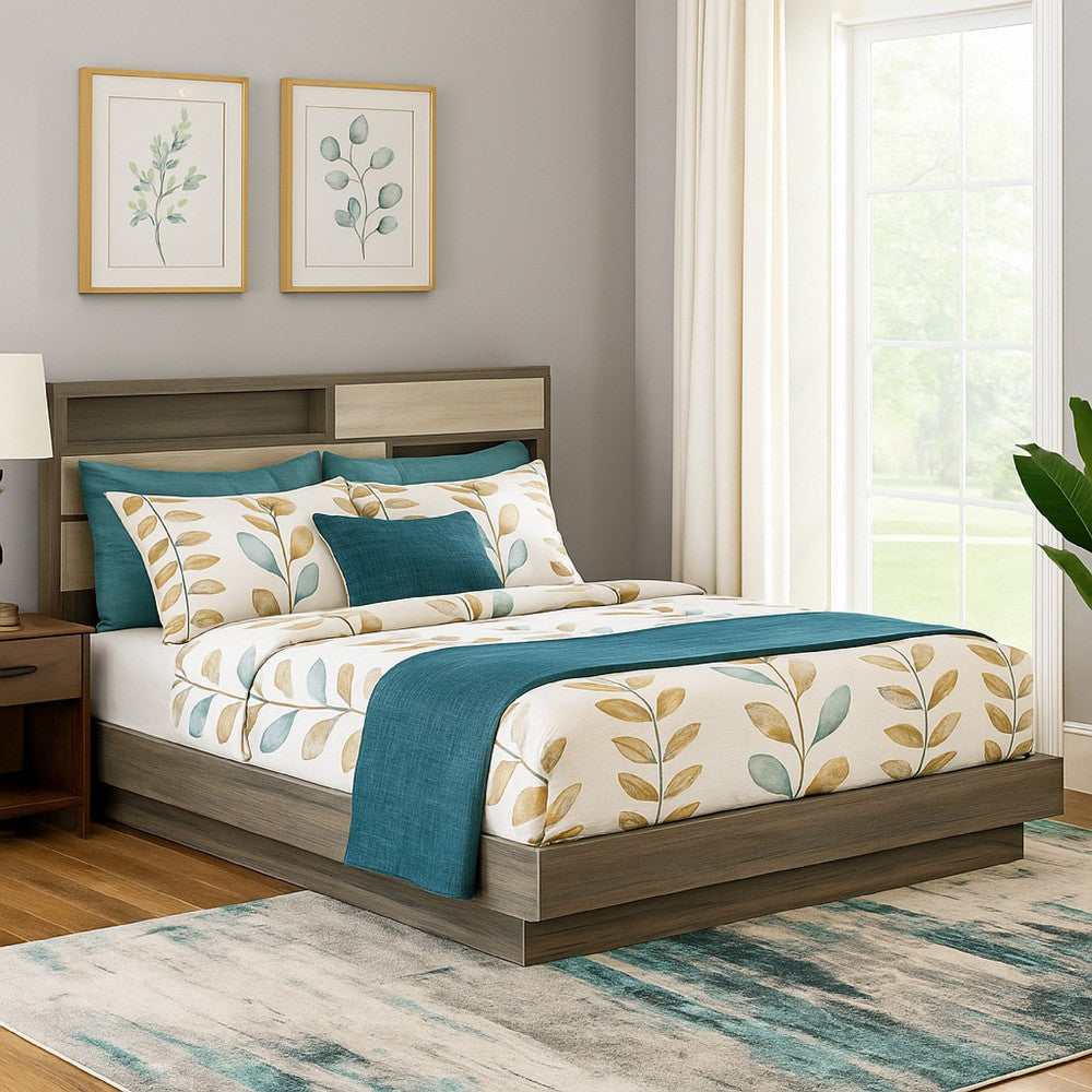 Fene King Size Bed, Bookcase Headboard, Wood Gray, Hidden Storage