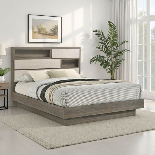 Fene California King Bed, Bookcase Headboard, Gray, Hidden Storage