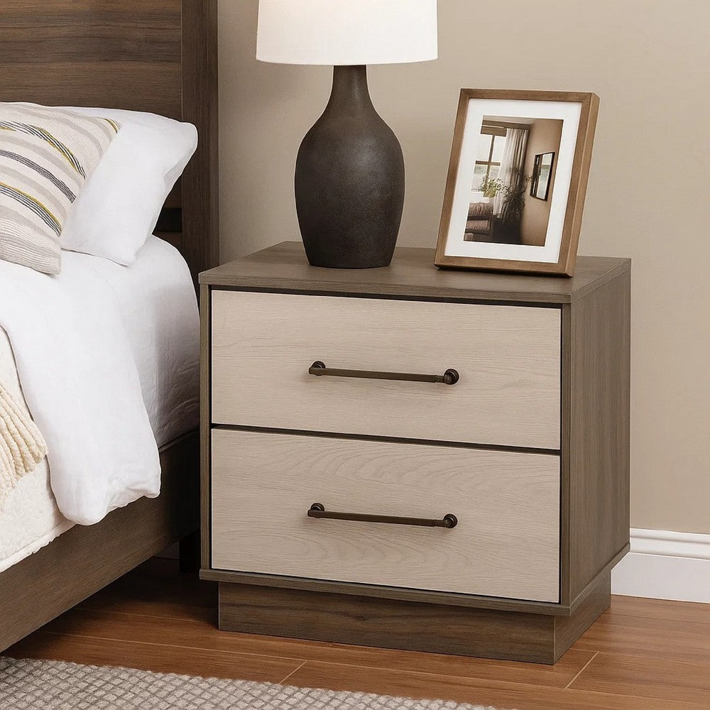 Fene Nightstand, 2 Storage Drawers with Nickel Handles, 24 Inch Gray