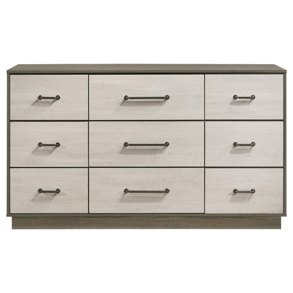 Fene Wide Dresser 9 Storage Drawers with Nickel Bar Handles Gray BM328692