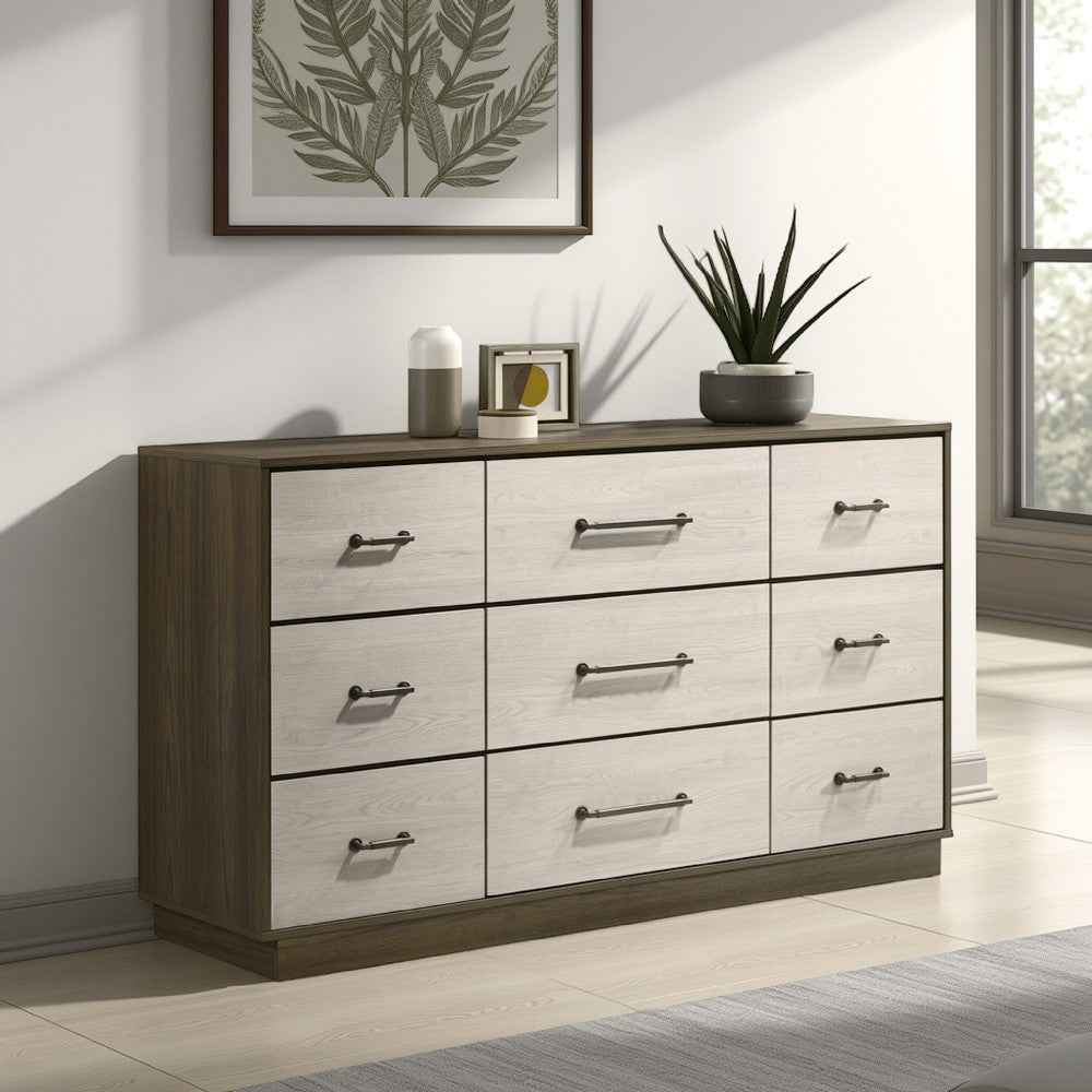 Fene Wide Dresser, 9 Storage Drawers with Nickel Bar Handles, Gray