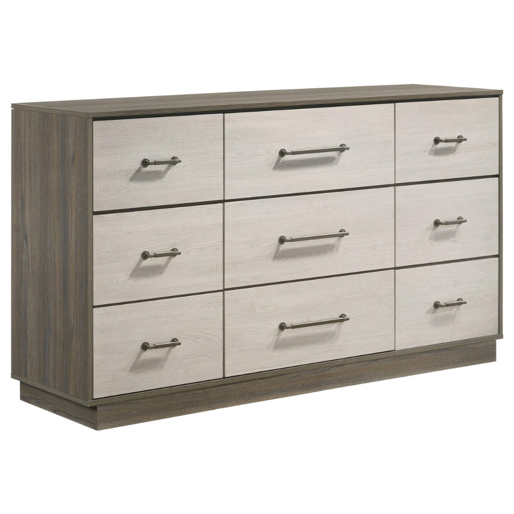 Fene Wide Dresser, 9 Storage Drawers with Nickel Bar Handles, Gray