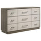Fene Wide Dresser, 9 Storage Drawers with Nickel Bar Handles, Gray