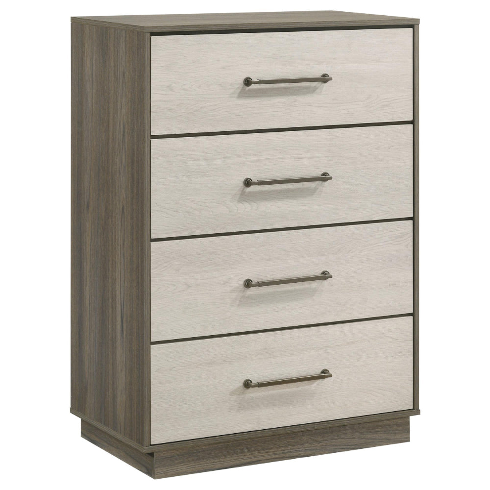 Fene Tall Dresser Chest, 4 Storage Drawers, Nickel Bar Handles, Gray