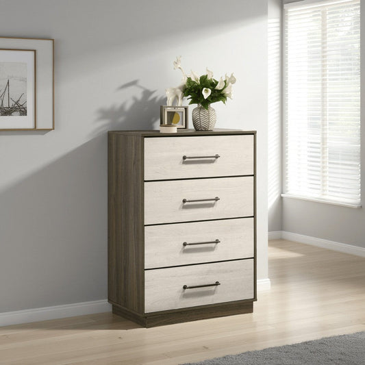 Fene Tall Dresser Chest, 4 Storage Drawers, Nickel Bar Handles, Gray