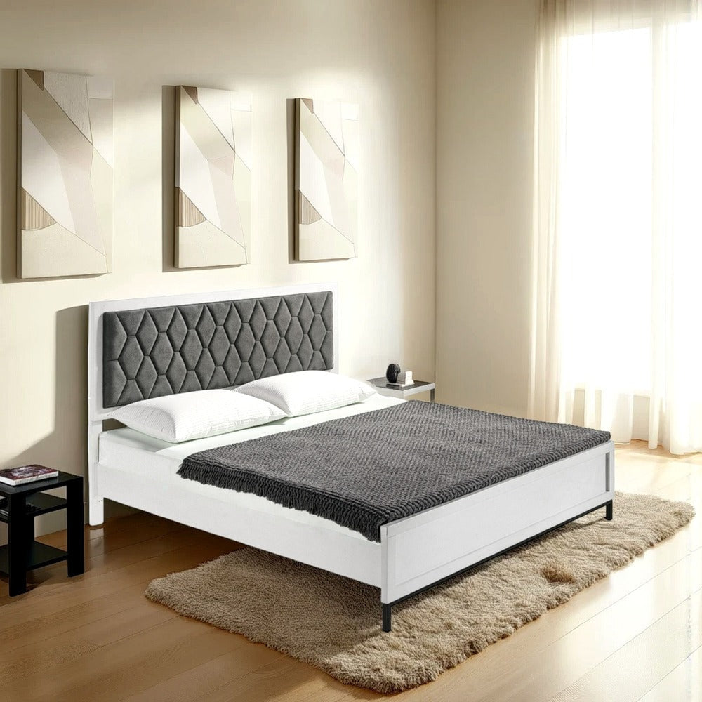 Noro King Size Bed, White Melamine, Hexagonal Tufted Upholstery