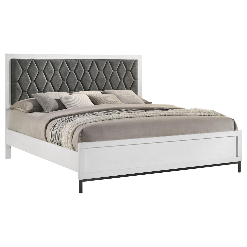 Noro California King Bed White Melamine Hexagonal Tufted Upholstery