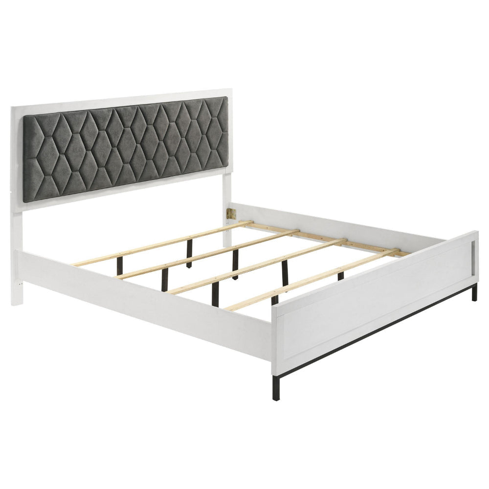 Noro California King Bed, White Melamine, Hexagonal Tufted Upholstery