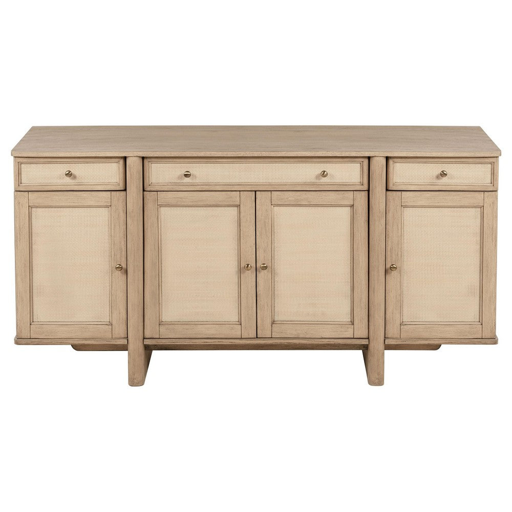 Lno Sideboard Buffet Cabinet, 4 Cane Woven Doors, Beige Wood 66 Inch