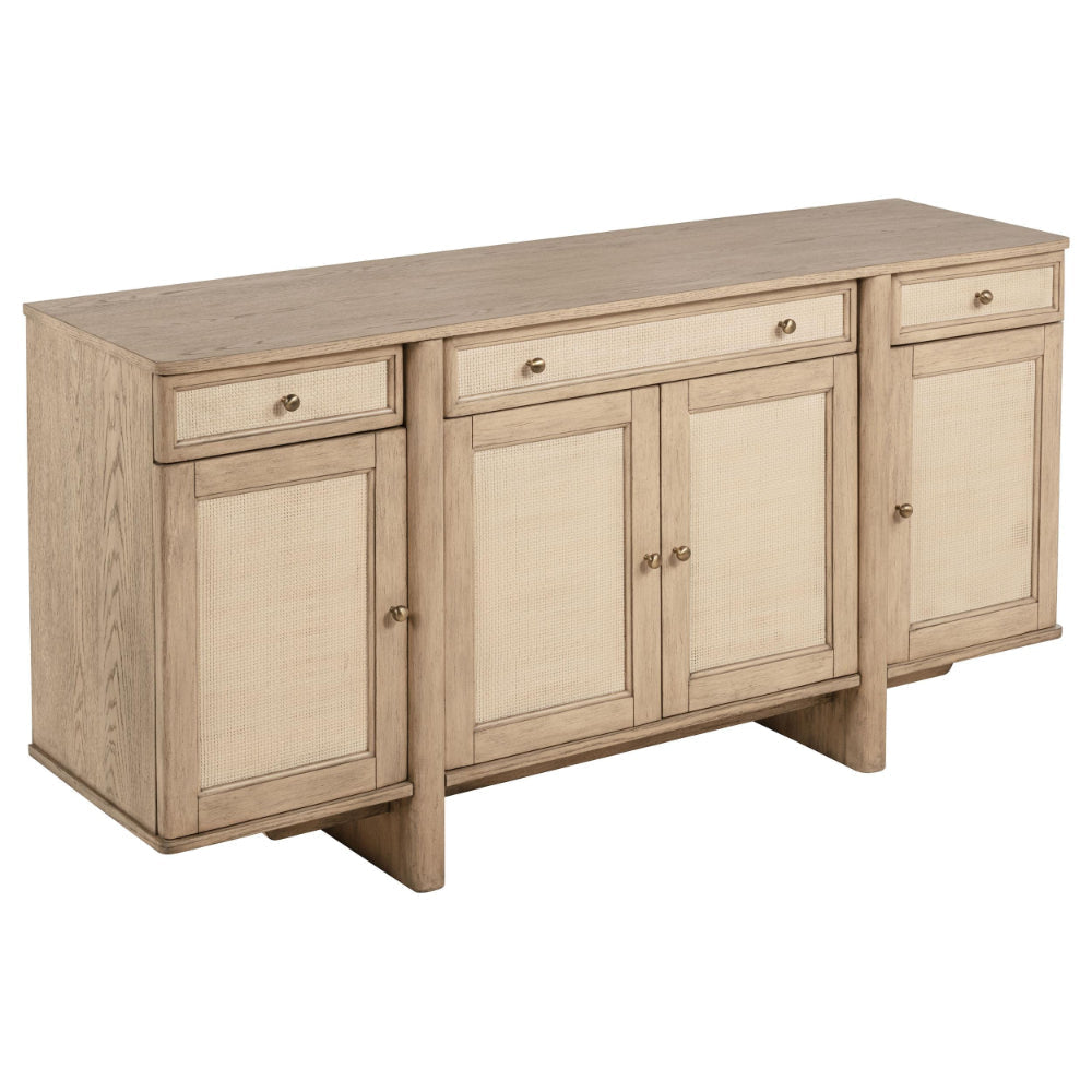 Lno Sideboard Buffet Cabinet, 4 Cane Woven Doors, Beige Wood 66 Inch
