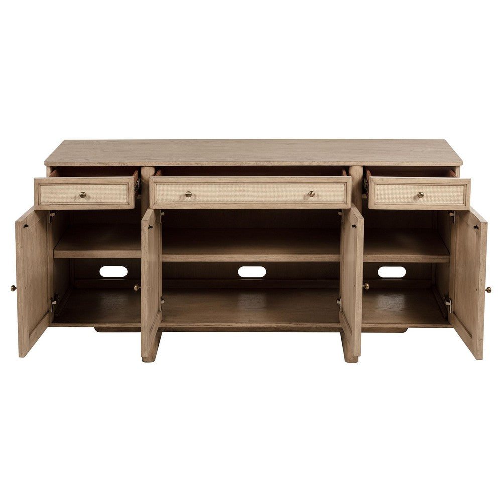 Lno Sideboard Buffet Cabinet, 4 Cane Woven Doors, Beige Wood 66 Inch