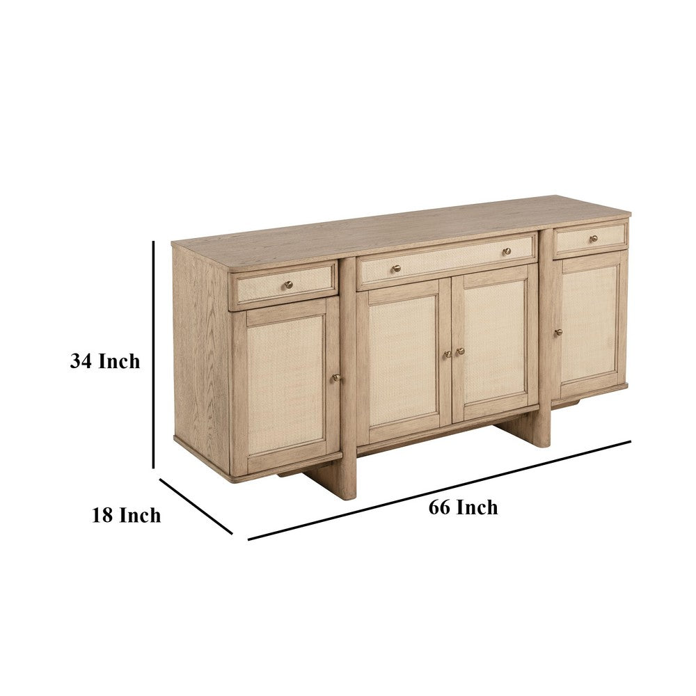 Lno Sideboard Buffet Cabinet, 4 Cane Woven Doors, Beige Wood 66 Inch