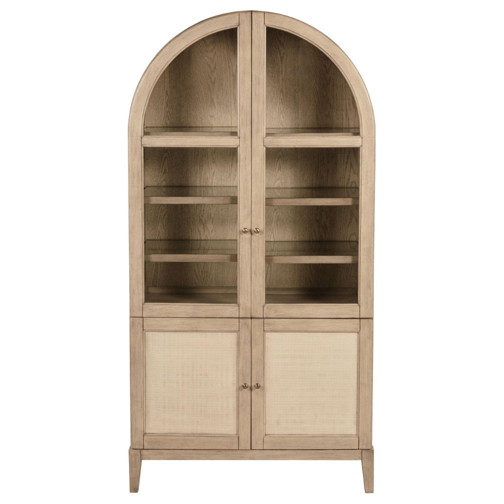 Lno Curio Cabinet 2 Glass Door Arch Frame Beige Wood Shelves 82 Inch BM328700