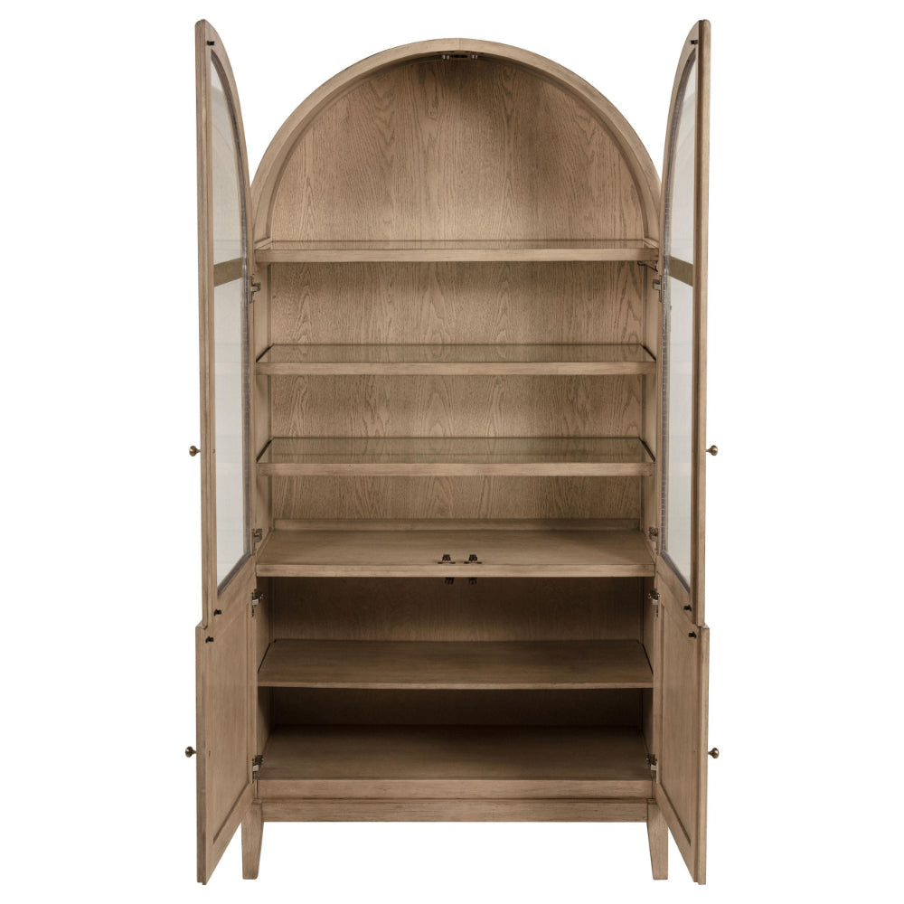 Lno Curio Cabinet 2 Glass Door Arch Frame Beige Wood Shelves 82 Inch BM328700