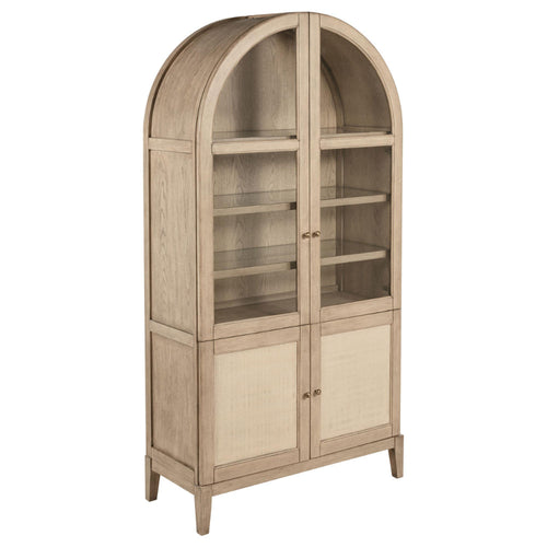 Lno Curio Cabinet, 2 Glass Door Arch Frame, Beige Wood Shelves 82 Inch