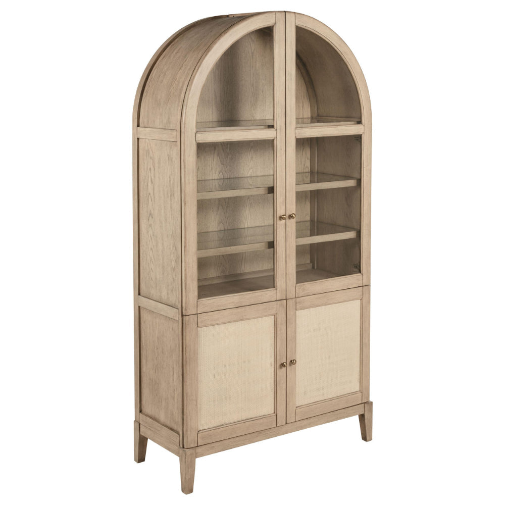 Lno Curio Cabinet, 2 Glass Door Arch Frame, Beige Wood Shelves 82 Inch