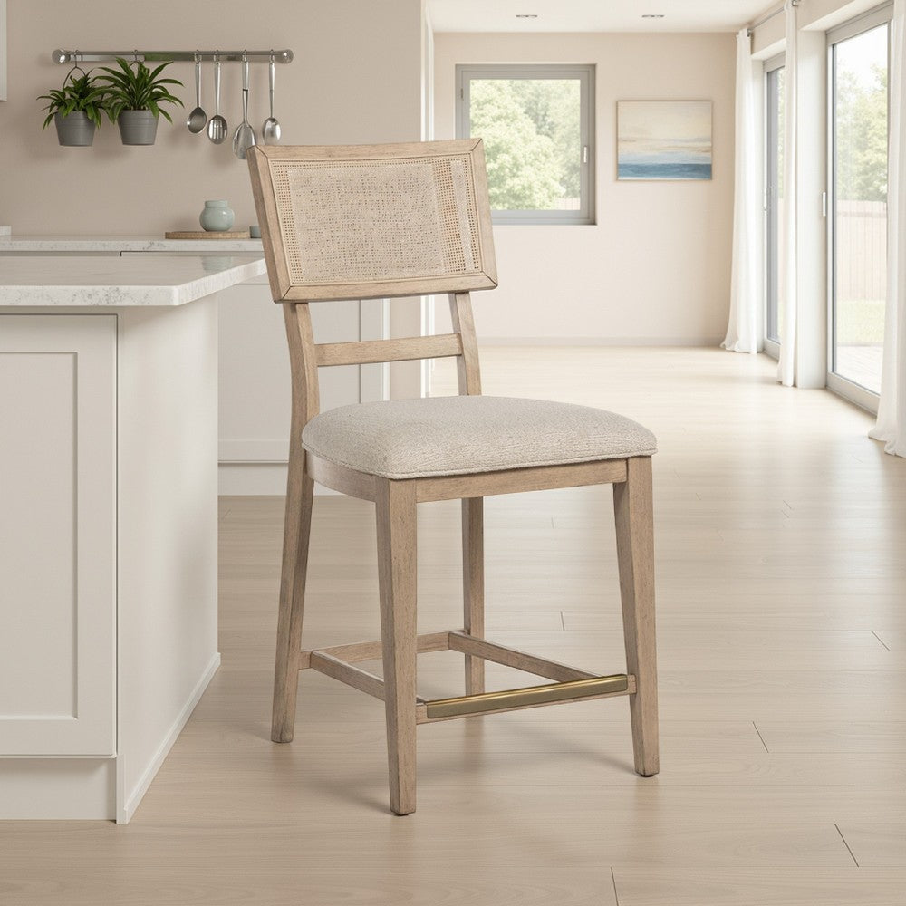 Lno Counter Dining Side Chair Set of 2, Rattan Woven Back, Beige Wood