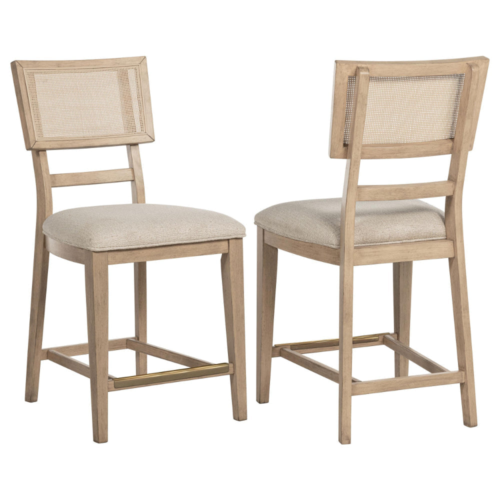 Lno Counter Dining Side Chair Set of 2, Rattan Woven Back, Beige Wood