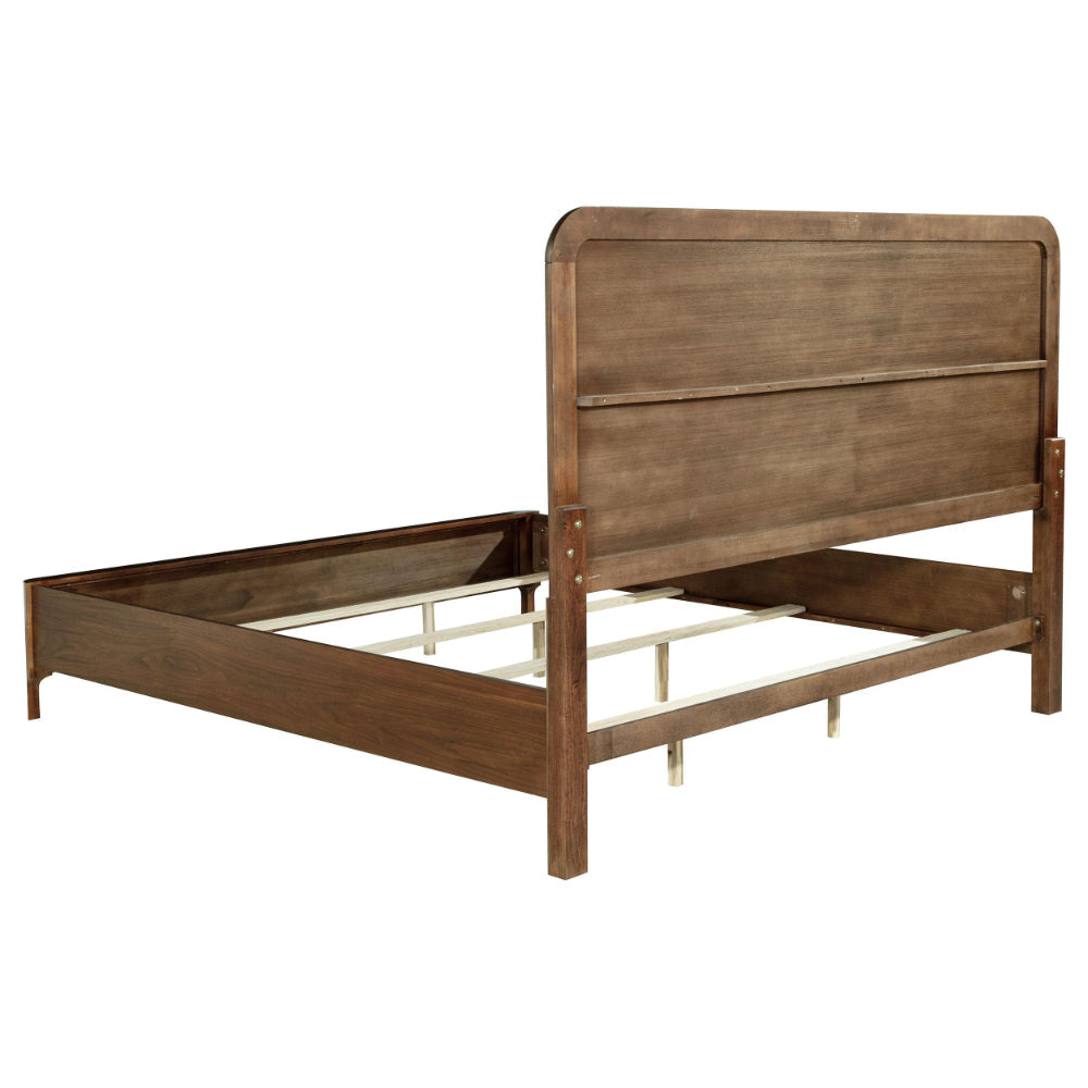 Rie Queen Bed Taupe Gray Upholstered Headboard Walnut Brown Wood