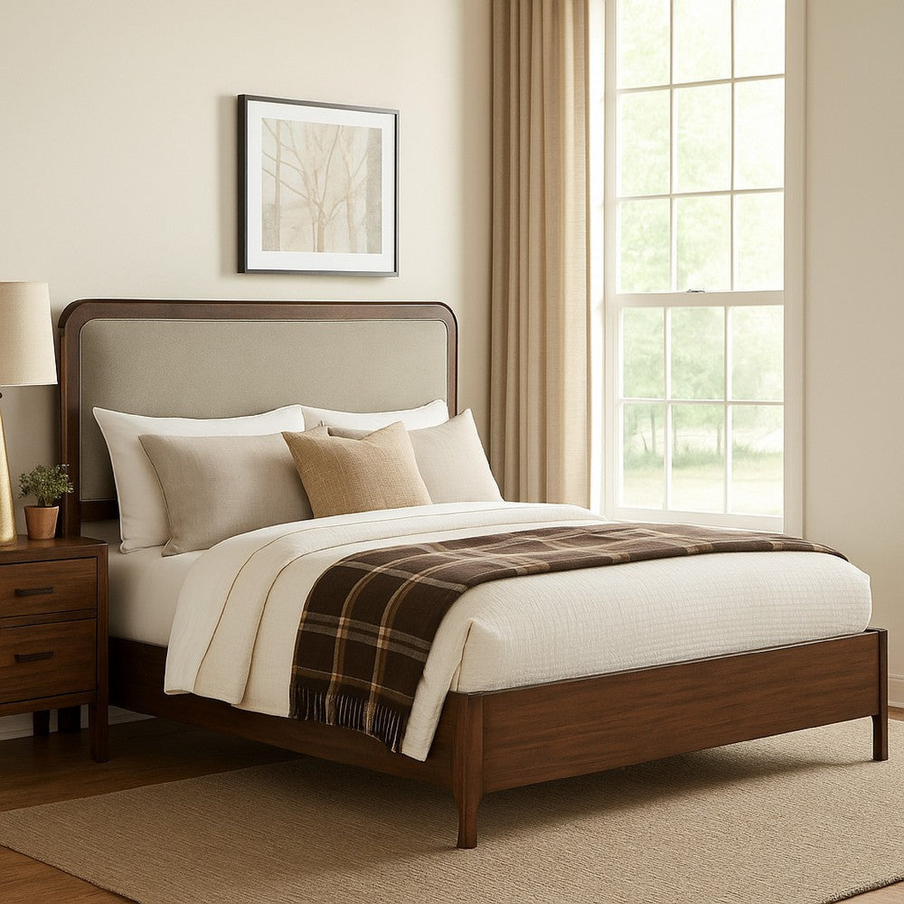 Rie Queen Bed, Taupe Gray Upholstered Headboard, Walnut Brown Wood