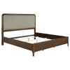 Rie Queen Bed, Taupe Gray Upholstered Headboard, Walnut Brown Wood