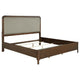 Rie Queen Bed, Taupe Gray Upholstered Headboard, Walnut Brown Wood