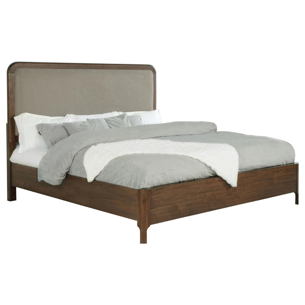 Rie King Size Bed Taupe Gray Upholstered Headboard Walnut Brown Wood