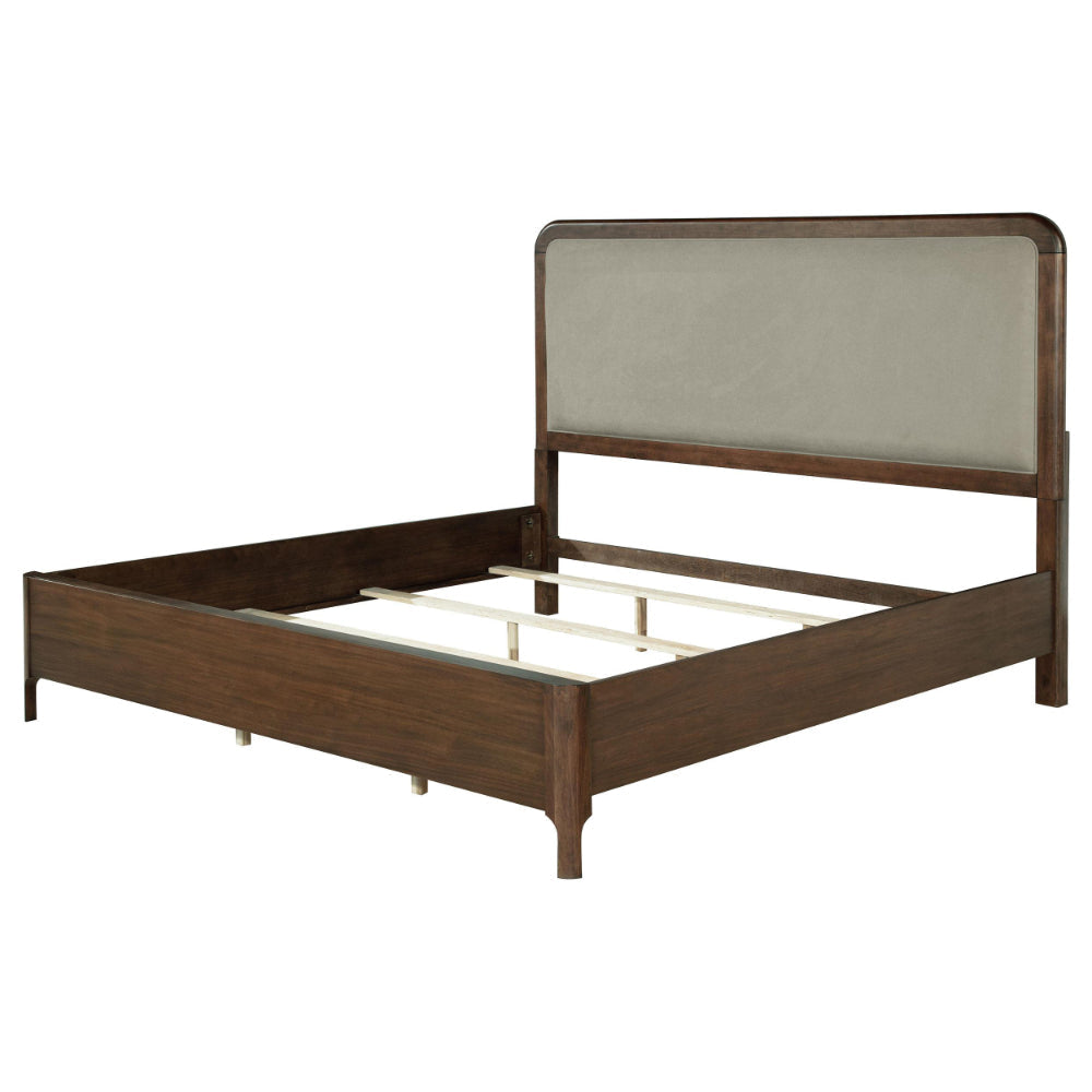 Rie King Size Bed Taupe Gray Upholstered Headboard Walnut Brown Wood
