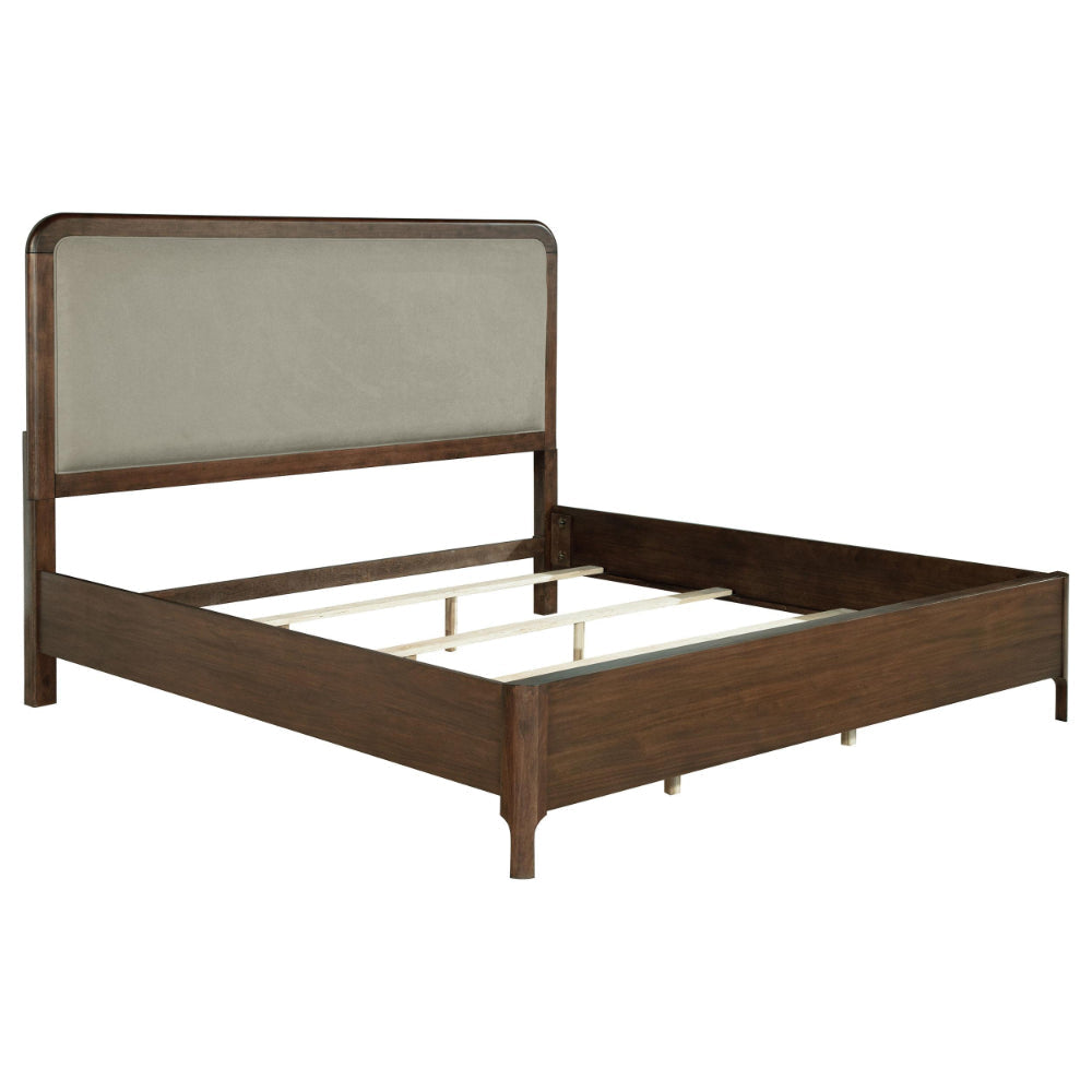 Rie California King Bed, Taupe Gray Headboard, Walnut Brown Wood