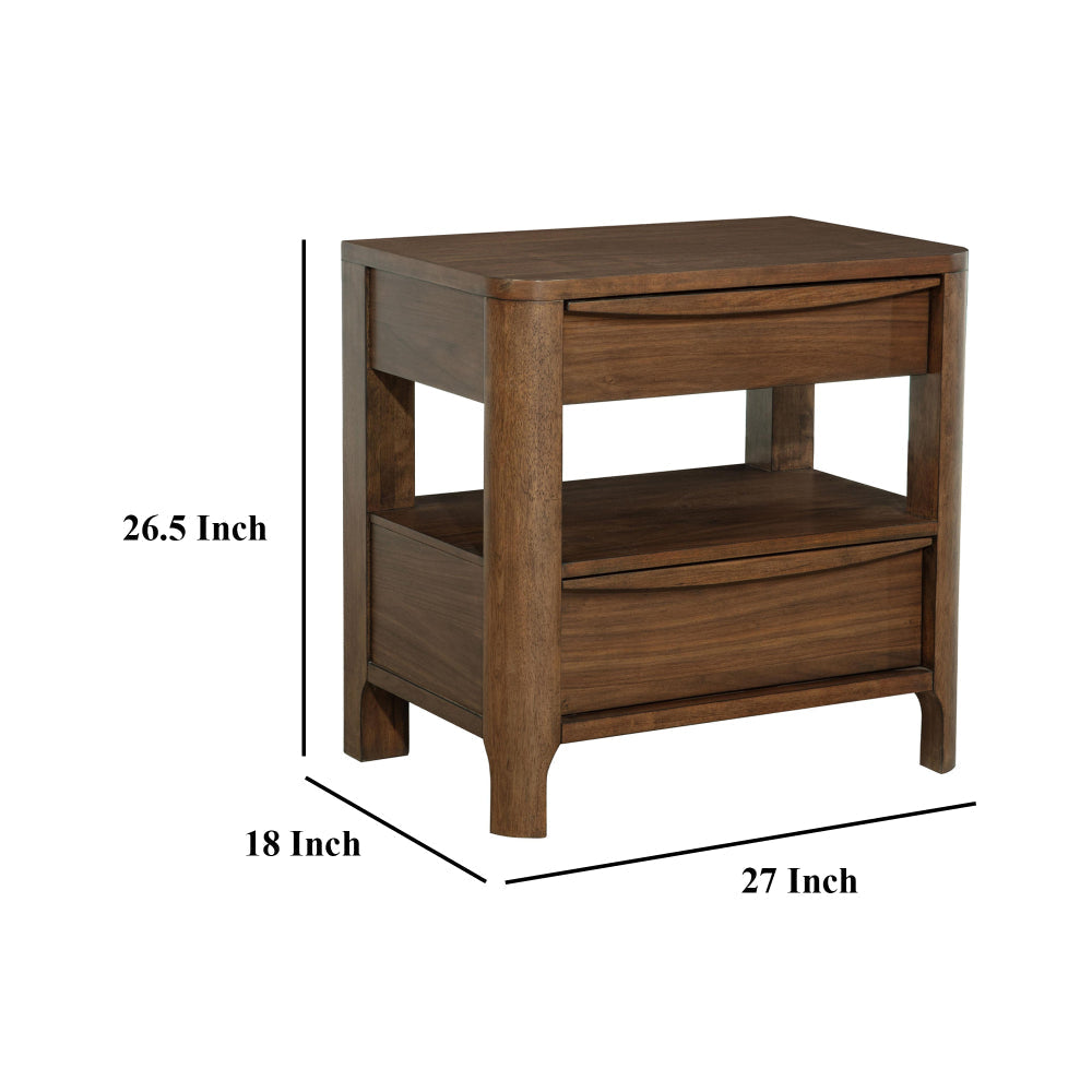Rie Nightstand w 2 Drawers and Lower Shelf Walnut Brown Poplar Wood BM328706