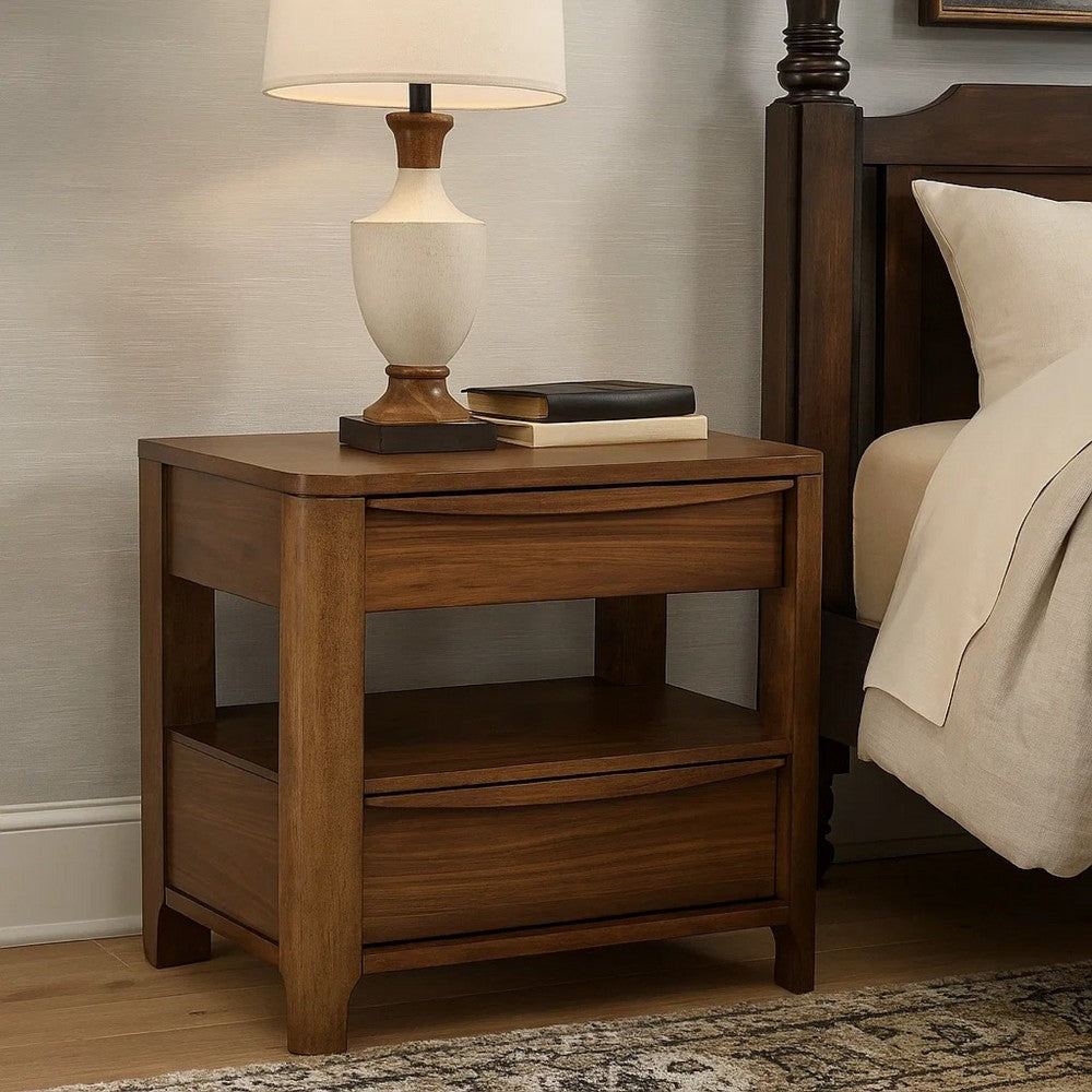Rie Nightstand w 2 Drawers and Lower Shelf, Walnut Brown Poplar Wood