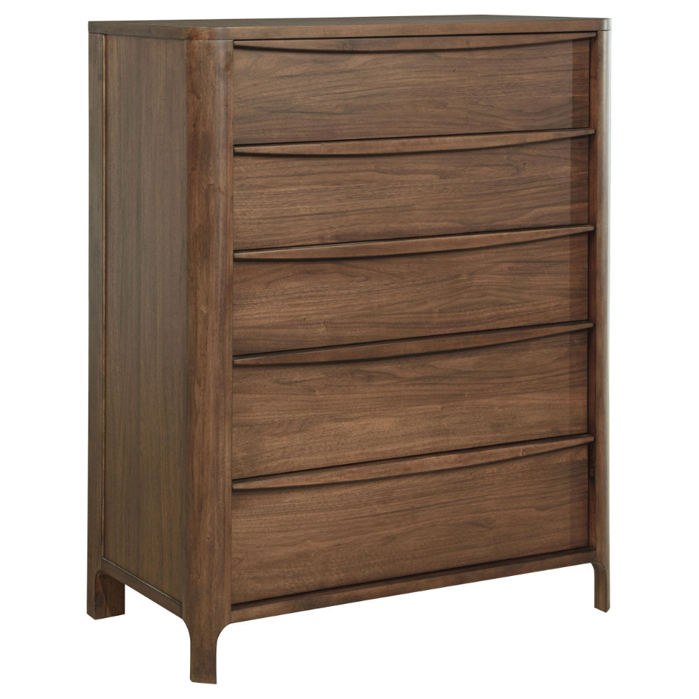 Rie Tall Dresser Chest with 5 Storage Drawers, Brown Walnut Wood