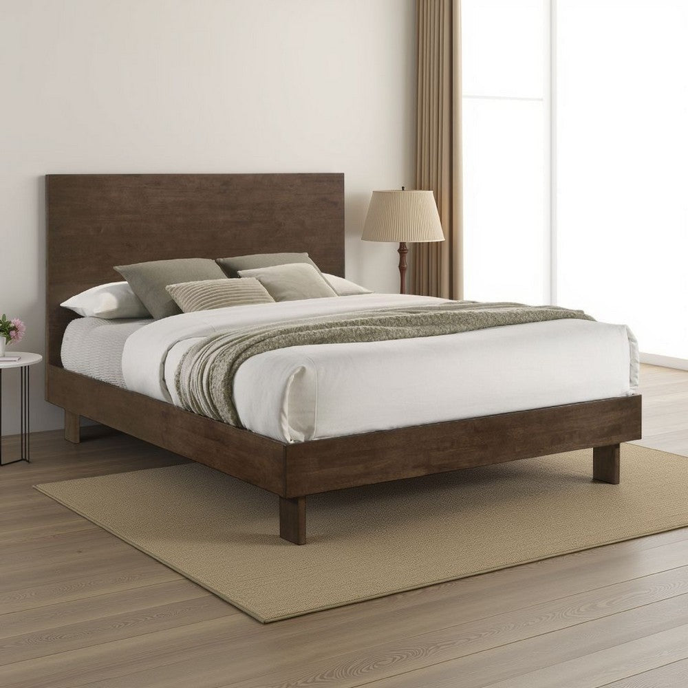 Genu Queen Platform Bed, Panel Headboard, Warm Walnut Brown Wood