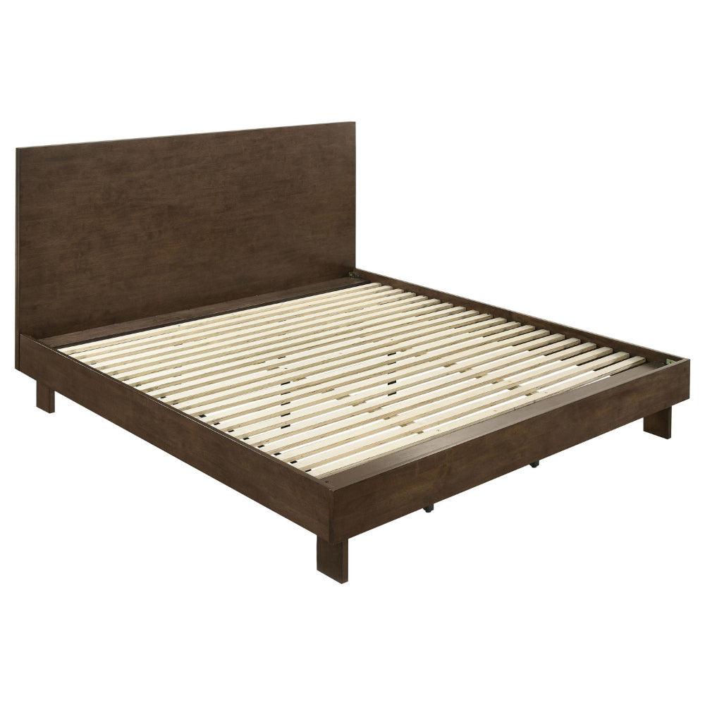 Genu King Size Platform Bed, Panel Headboard, Warm Walnut Brown Wood