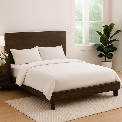 Genu King Size Platform Bed, Panel Headboard, Warm Walnut Brown Wood