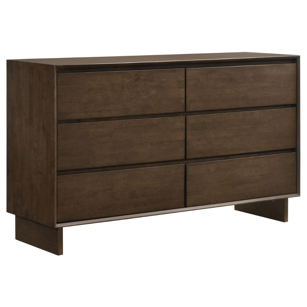 Genu Wide Dresser, 6 Drawers w Fingertip Handles, Warm Walnut Brown